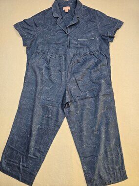 Cabernet Sleep Sense Pajama Set L 100% Cotton Blue Floral Print Button Top